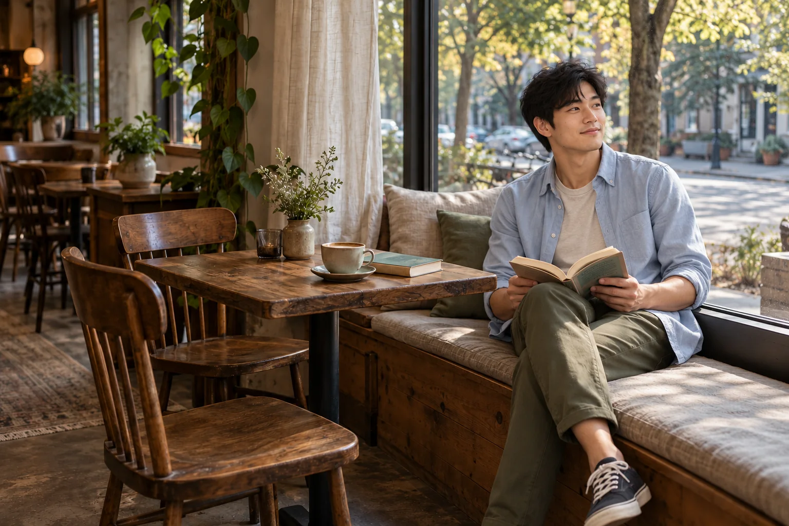 Theo reads by the window in a quiet neighborhood café.