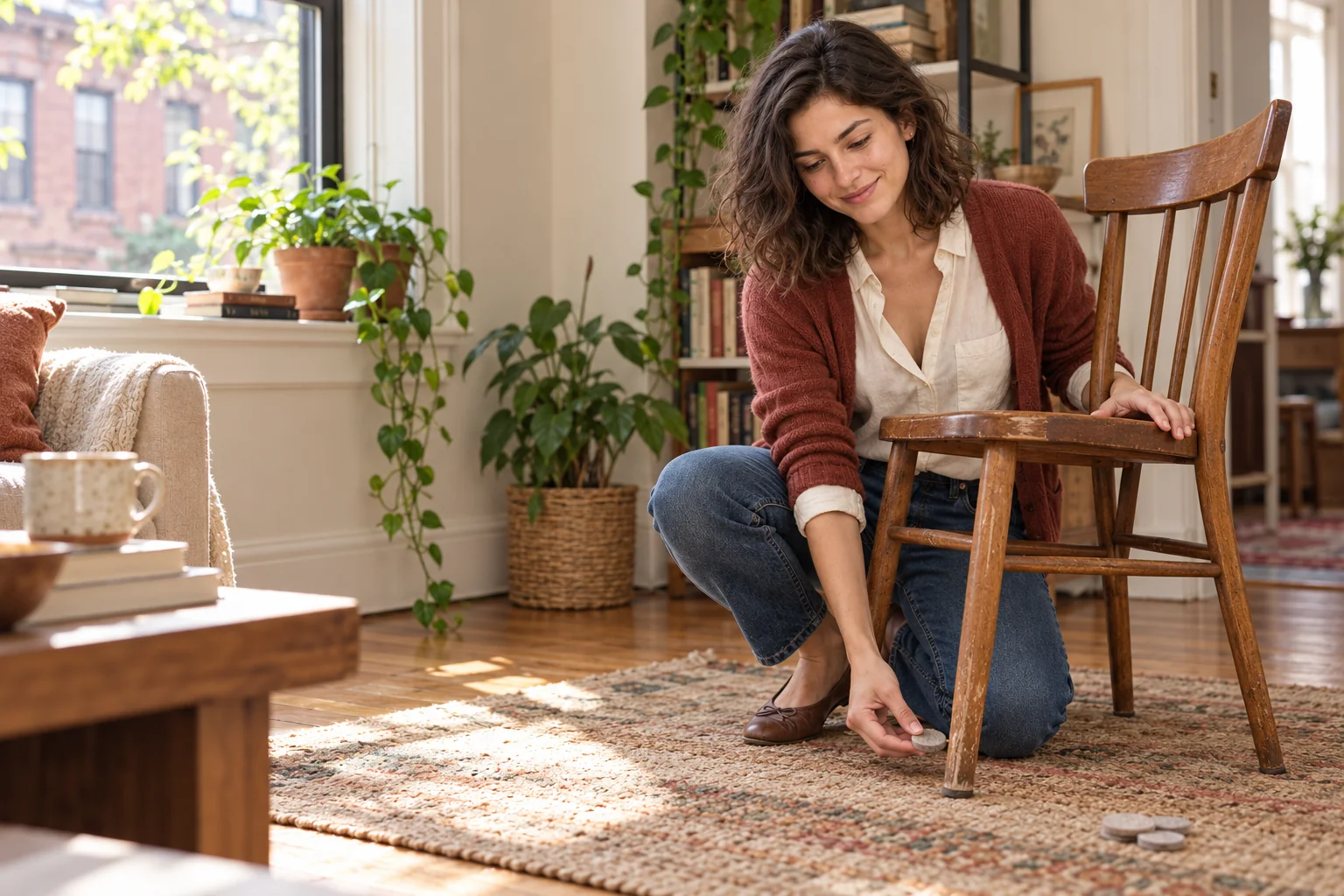 Mara in her apartment with the secondhand chair she found for the sunny corner.