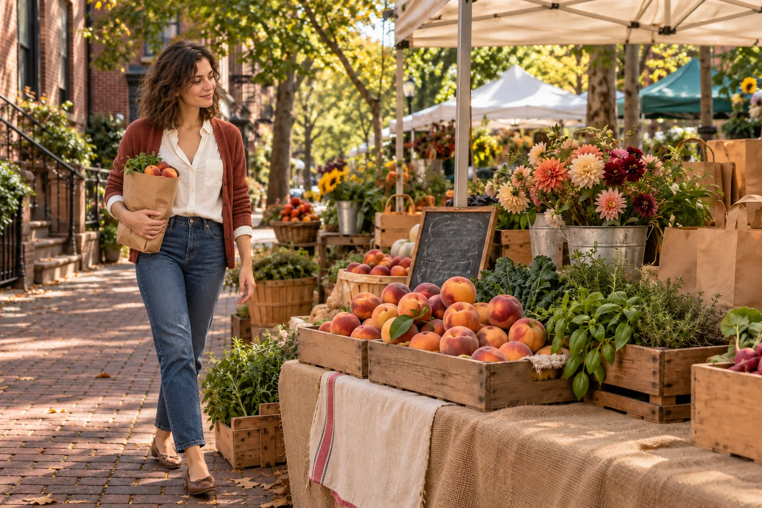 Mara walks through a neighborhood market with a bag of peaches.