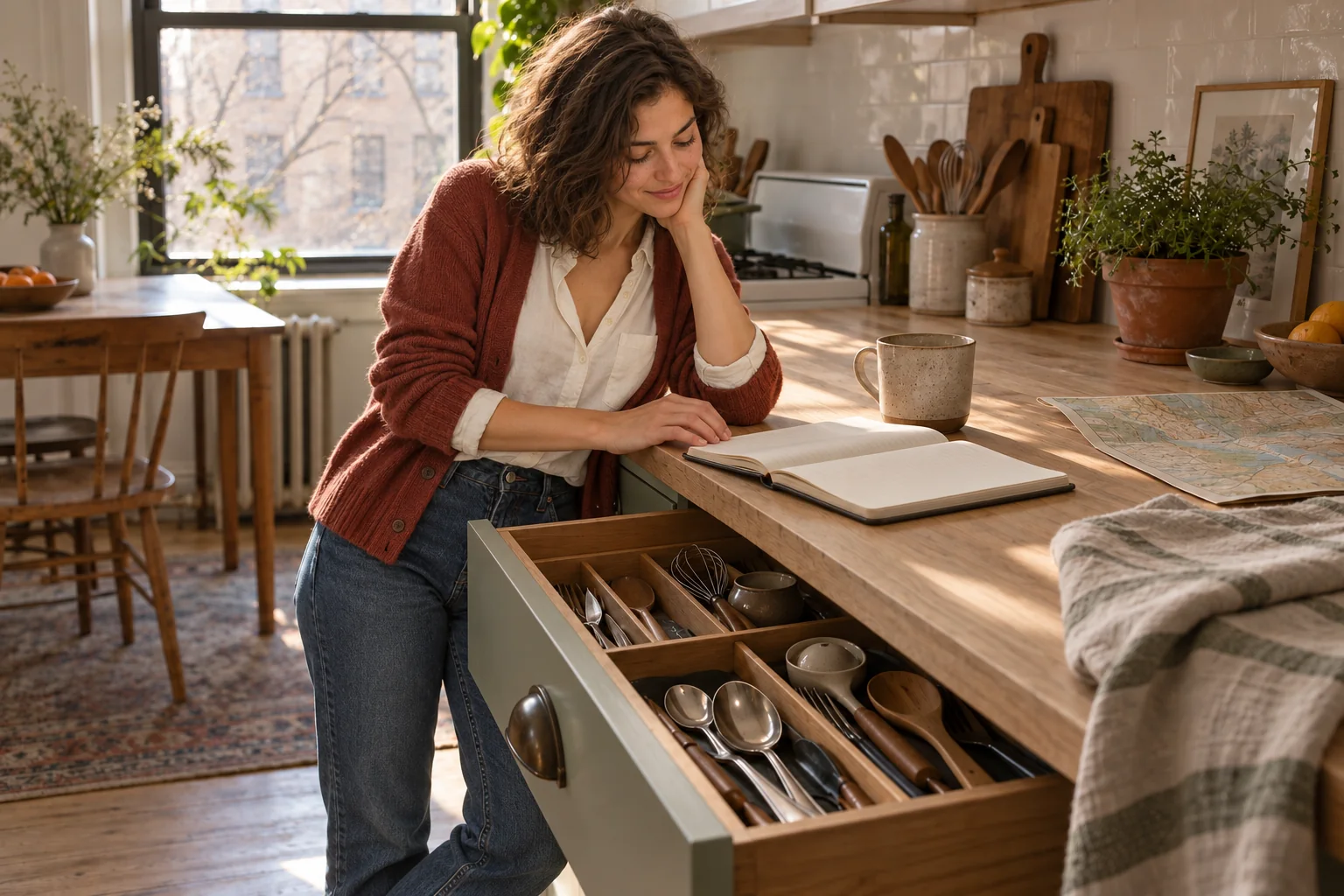 Mara pauses at her kitchen counter beside an open notebook on a slow Sunday morning.